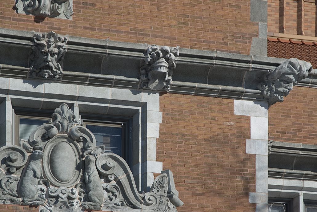 Terra cotta carvings of mythological figures and animals adorn the building