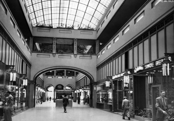 A Black and white shot of the inside of the Arcade.