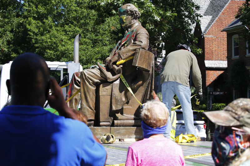 The Maury statue is removed to a truck, July 2, 2020