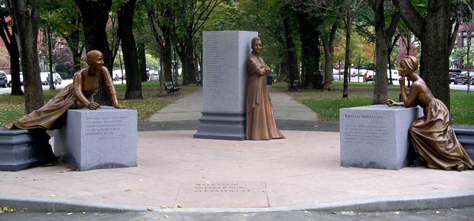 The Boston Women's Memorial includes statues honoring Abigail Adams, Lucy Stone, and Phillis Wheatley.