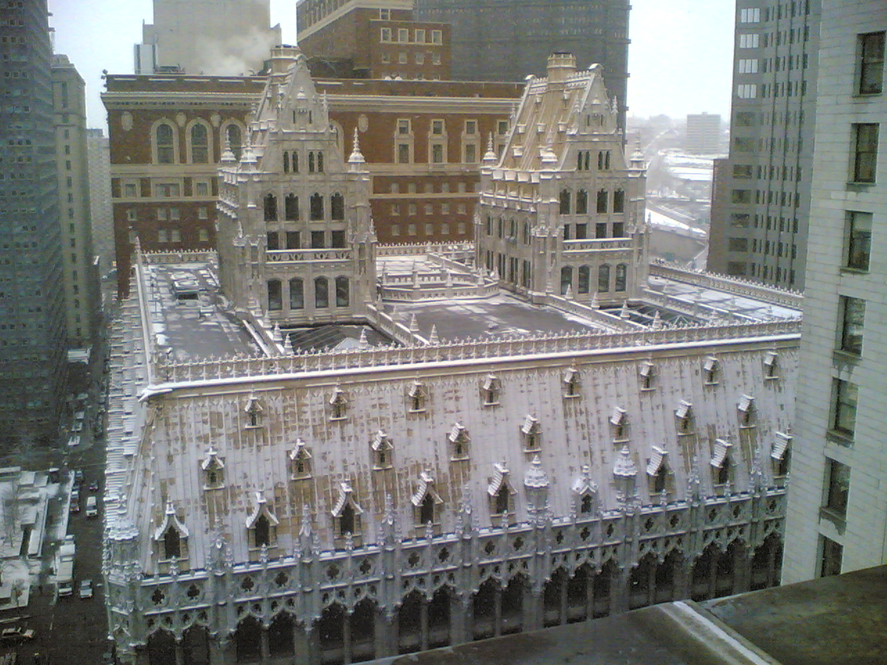 The building's mansard roof with its unique cathedral-like spires.  