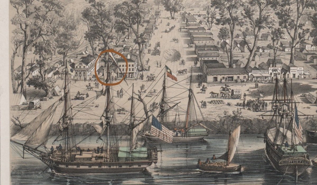 A cropped view of Sacramento extracted from a lithograph by French painter and naval surgeon Louis LeBreton. The Eagle Theatre (circled) is partially hidden behind the mainmast of the vessel at far left. J Street runs down the center of the image.