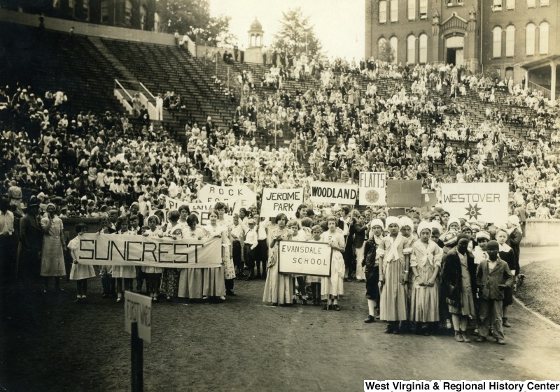 Schoolchildren at an event on Mountaineer Field, ca. 1926.