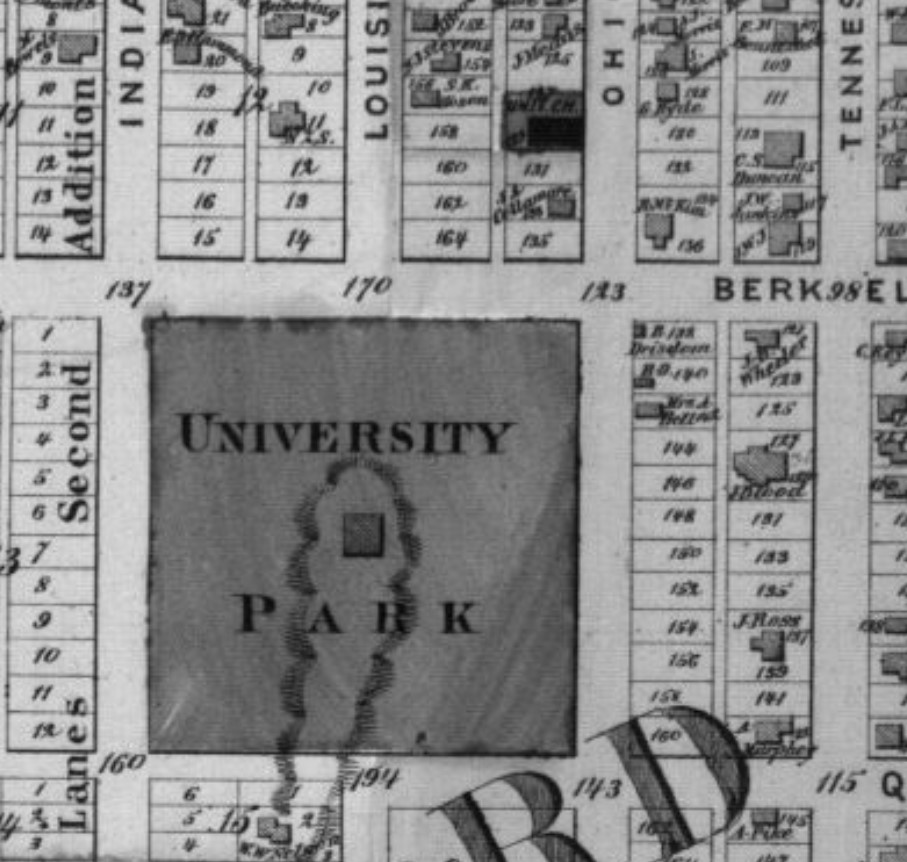 Bell House and University Park neighborhood in Second Ward in 1873 (Beers Atlas p. 33)