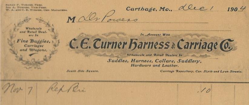 1904 Invoice for C. E. Turner Harness & Carriage Co., Sarah Turner, President. The bill is for repair of a horse bridle. The Turner store eventually expanded to include furniture, luggage and other goods.