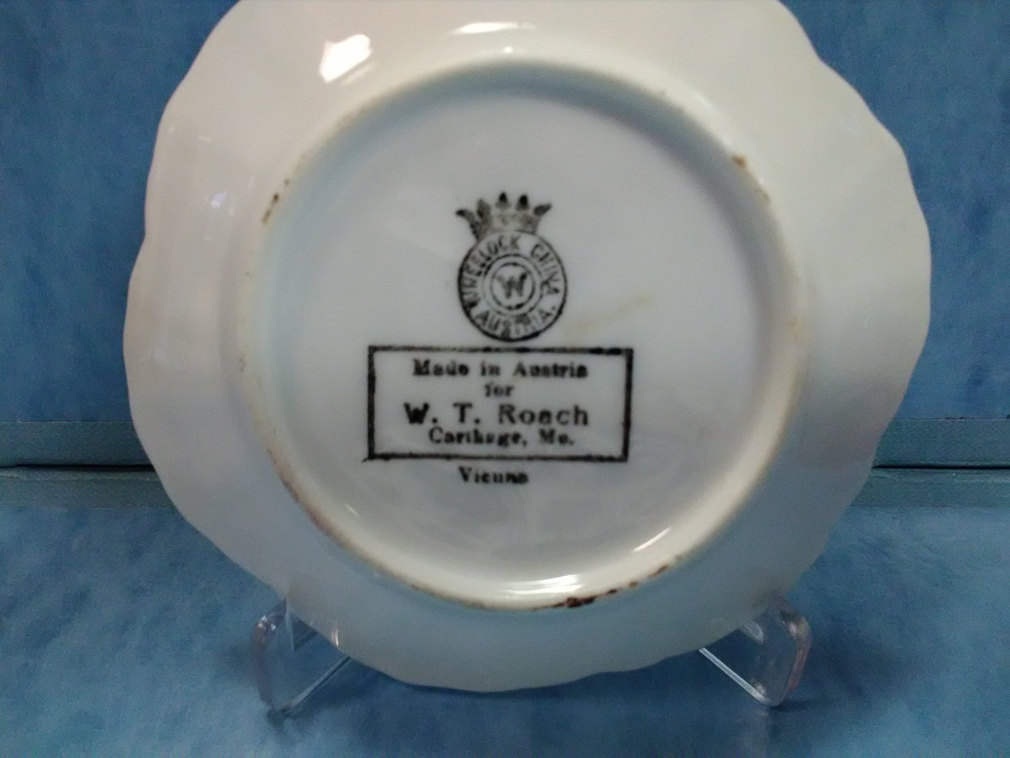 Back of pin dish sold in W. T. Roach store at this location displayed for the 175th Anniversary of Carthage 2017 exhibit at the Powers Museum.