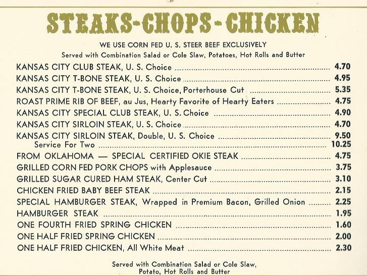 Selected menu prices from above menu, probably dated from 1960s or 1970s.