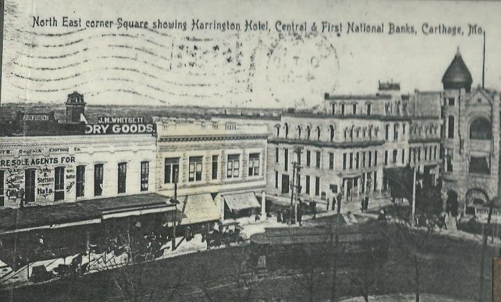 Postcard image of north east corner of square showing Central National Bank building as well as its neighbors to the west (Deutsch Clothing and Whitsett's Dry Goods) and its neighbor to the east (Harrington Hotel), circa 1906-10.