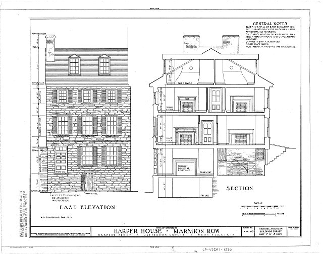 A measured drawing of the Harper House from the Historic American Buildings Survey.