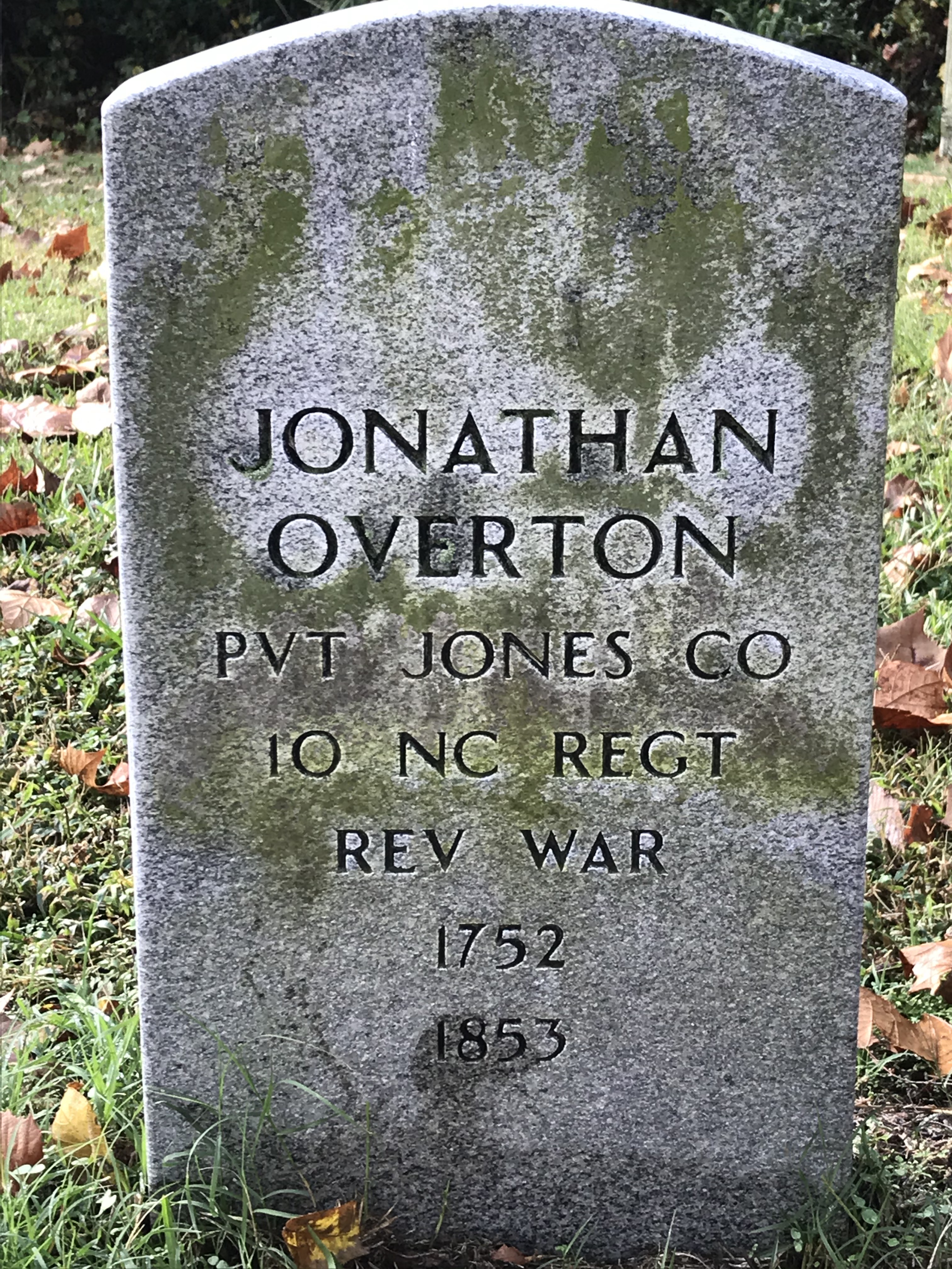 Headstone of Private Jonathan Overton. Company to NC Regiment Revolutionary War