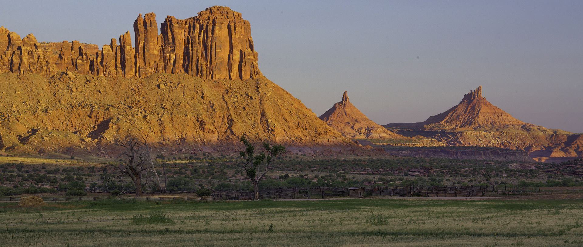 Indian Creek Canyon and the Sixshooter Peaks - US Bureau of Land Management. This picture shows the buttes after which the monument is named. (2016)