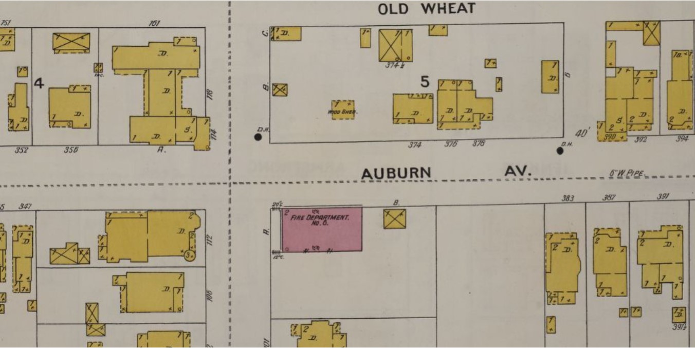1899 Sanborn Fire Insurance Map showing Fire Station No. 6 (brick, red) surrounded by wood frame (yellow) buildings (p. 45)