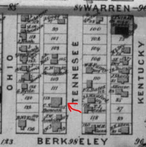 C.S. Duncan House (red arrow) on 1873 Beers Atlas map of Douglas County, p. 33