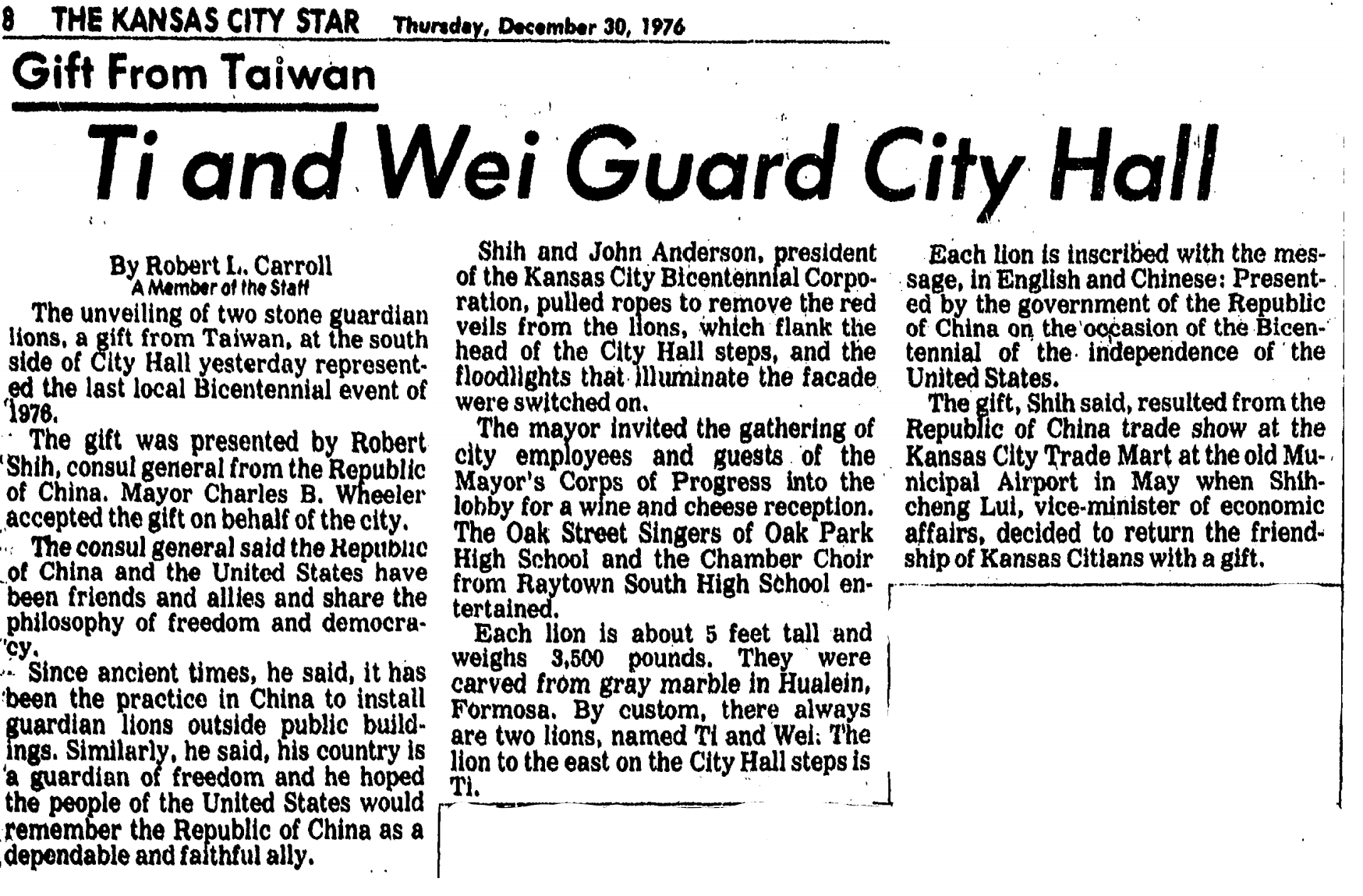 An image of the Kansas City Star article that details the dedication of the two lion statues that were gifts from the Republic of China (Taiwan) to commemorate the U.S. Bicentennial in December of 1976.