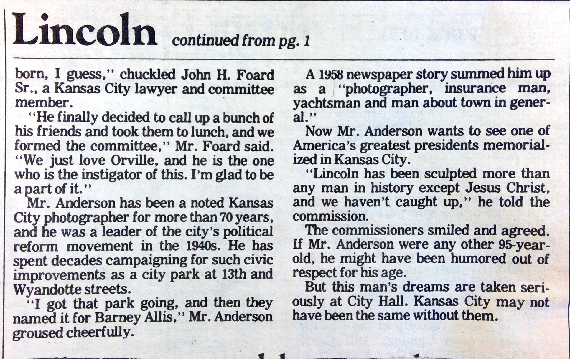 An image of the continuation of the Kansas City Star article detailing the advocacy of Mr. Anderson for the installation of a statue of President Abraham Lincoln.