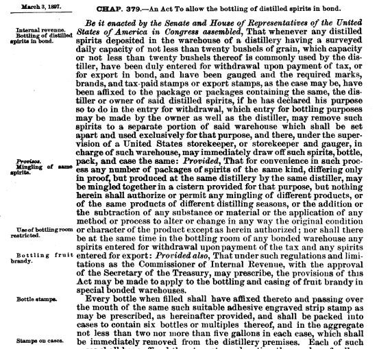 A snippet of the Bottled-in-Bond Act of 1897 that was signed into law by President Grover Cleveland on March 3rd - the day before he left office. (Courtesy of the Library of Congress)