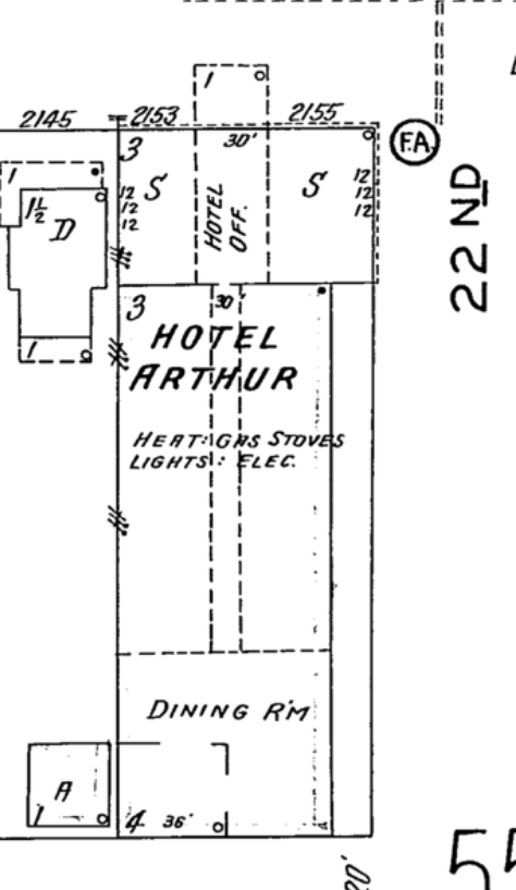 Blueprint of the Hotel Arthur from a 1931 Sanborn fire insurance map 