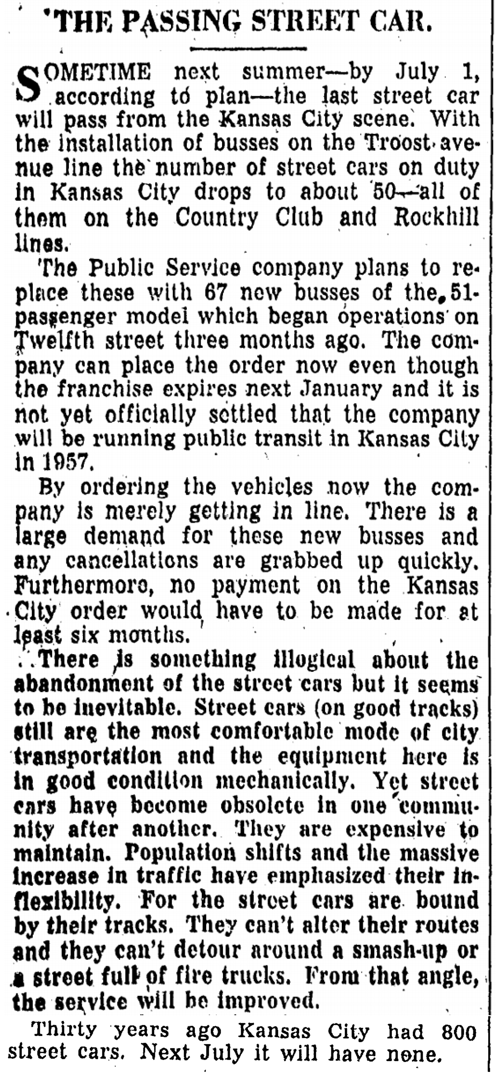 An image of the Kansas City Star article that details the massive reduction of street cars in the mid-twentieth century in Kansas City, Missouri.