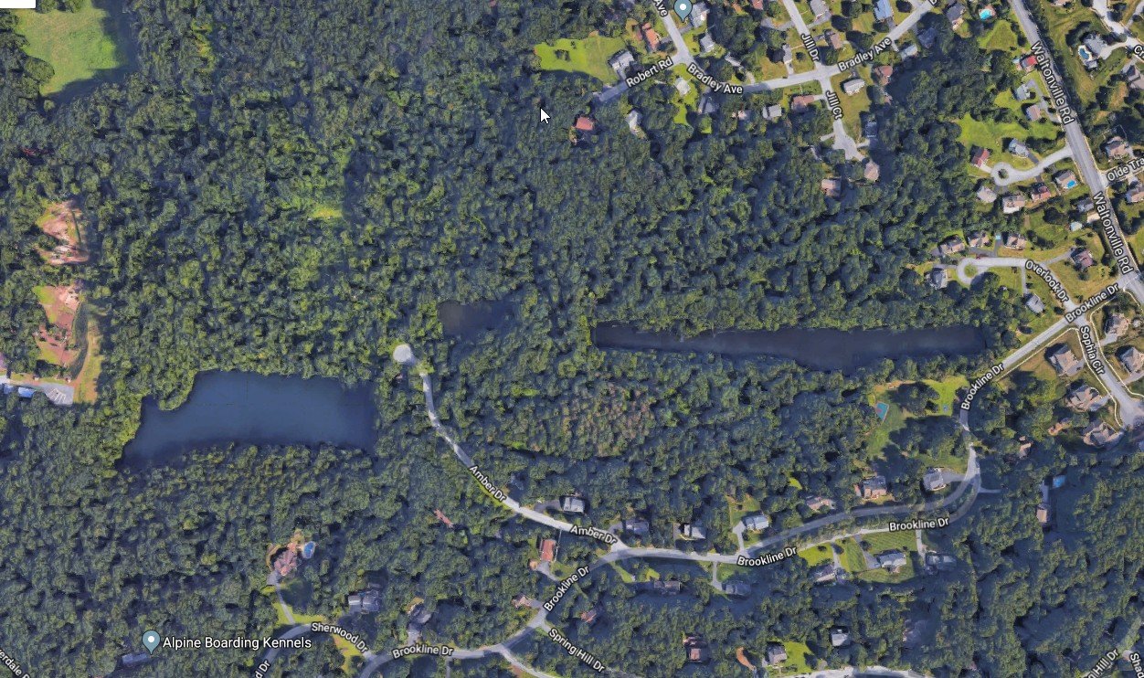 An aerial view of the Hummelstown Brownstone Quarries as they exist today. The Amber Dr. cul de sac sits between quarries #2 and #3.