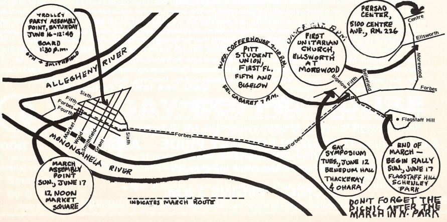 Calendar of events and map of event locations published for Pittsburgh's first Pride Week in 1973.