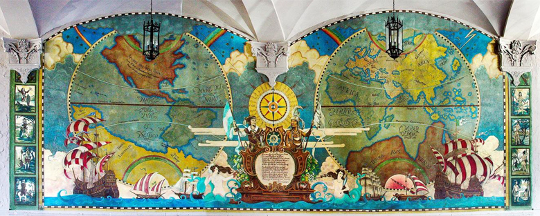 The New World Mural, which was faithfully copied from an original 1925 tapestry that could not be saved.
