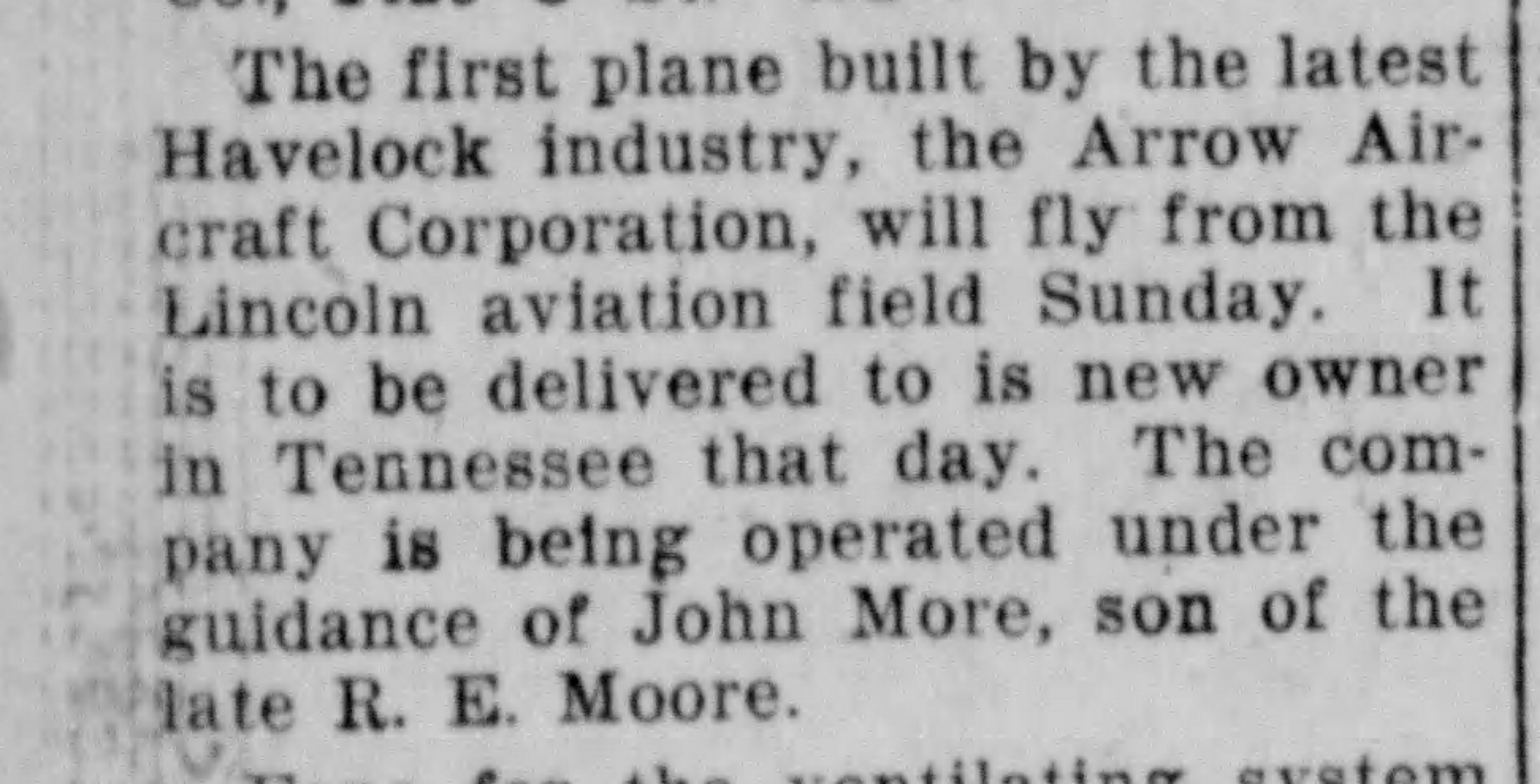 Newspaper clipping from the Lincoln State Journal detailing the first Arrow Aircraft flight, 1930