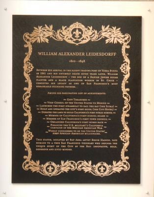 Plaque behind the statue of Leidesdorff describing his many accomplishments