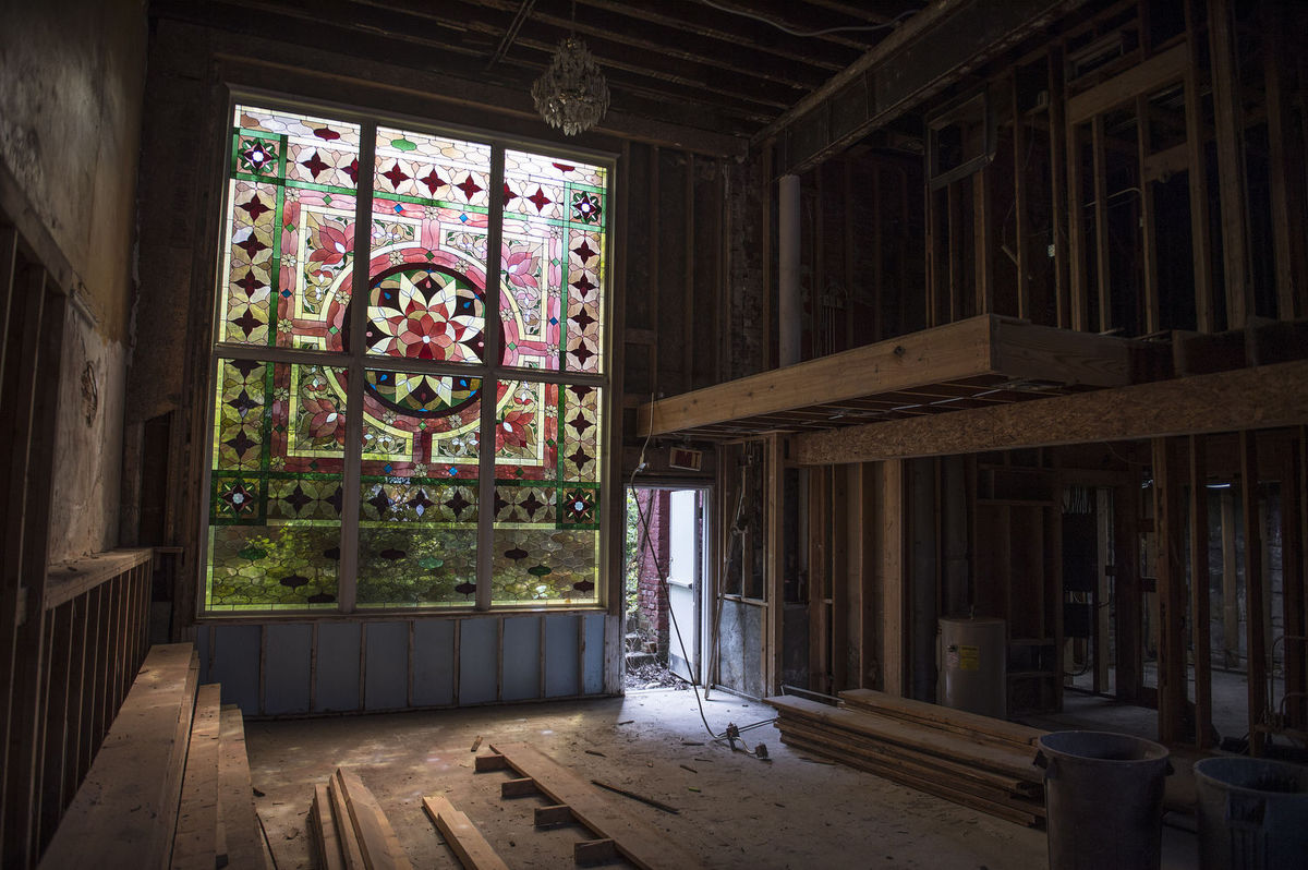 Efforts to renovate the building are continually being made in an effort to keep this part of history alive. Beautiful remnants of the era can still be found in the front facade and stained glass windows like this one.