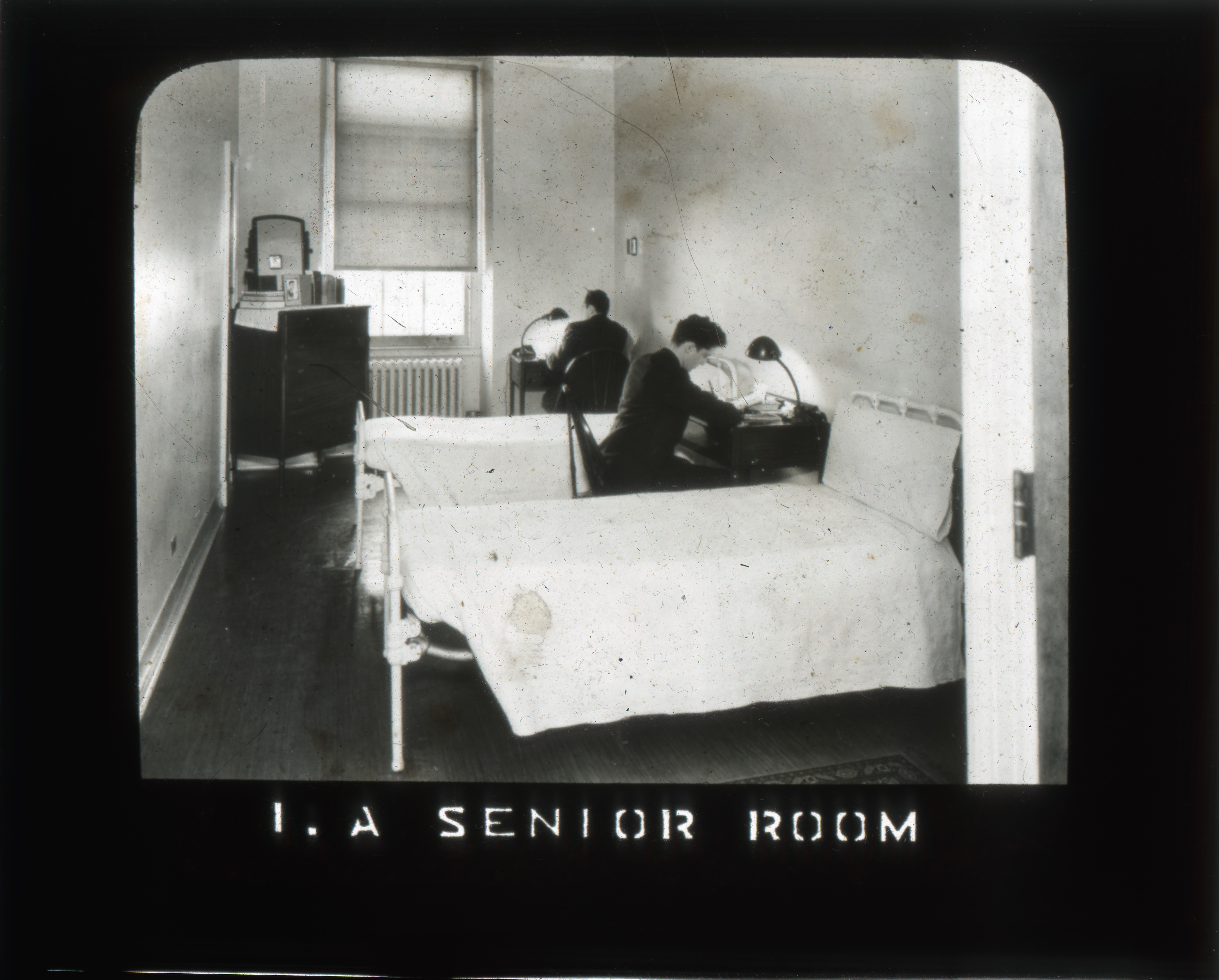 Magic lantern slide depicting "A  Senior Room" in Allen Hall, ca 1930s