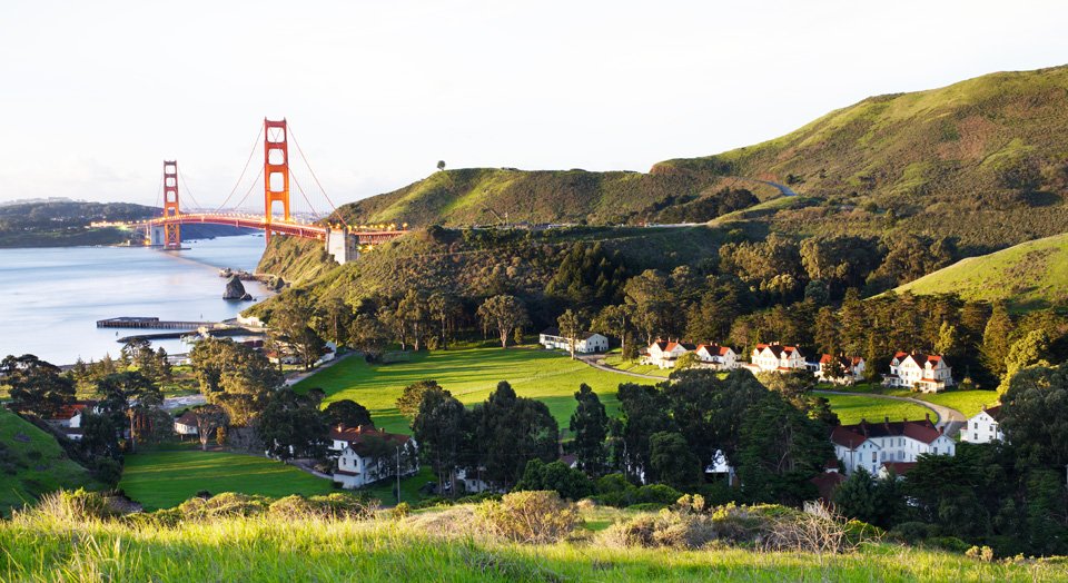 Hill view of Fort Baker and Golden Gate Bridge