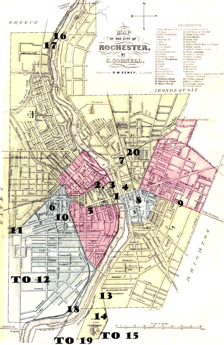 This is a map of the Abolitionist and Civil War sites in Rochester. The Anthony Farmhouse is labeled as 12. 