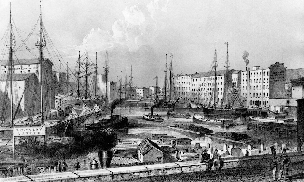 Chicago's strategic location between waterways made it one of the busiest seaports in the world during the nineteenth century. Image obtained from Classic Chicago magazine.