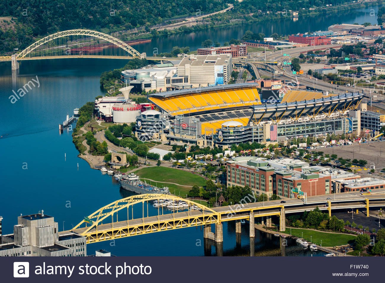 Heinz Field sits between the Ft. Duquesne Bridge in the foreground and the West End Bridge in the background.  