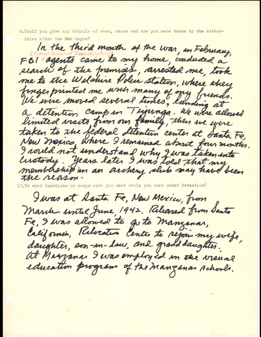 Excerpt from a questionnaire about the experiences of Kango Takamura, a Japanese-American citizen who was detained at Tuna Canyon before being imprisoned at Santa Fe, New Mexico. Full item in the links below.