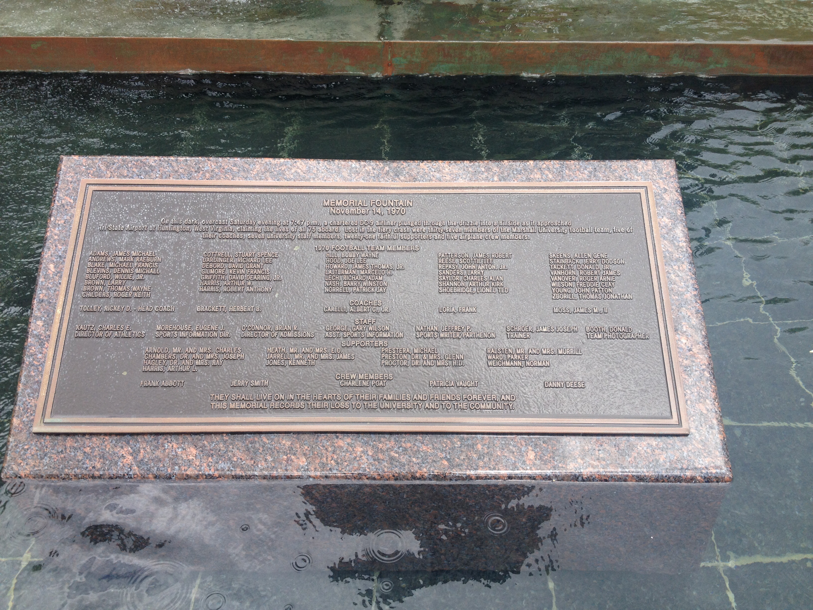 This memorial plaque bears the names of each player, coach, booster, and airline employee who lost their lives.