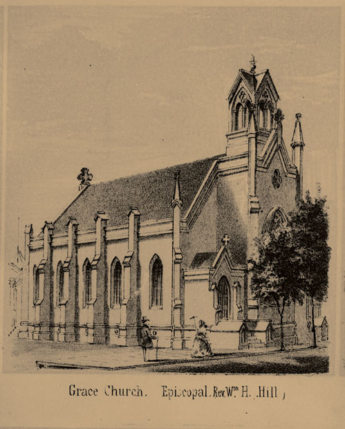 The Grace Episcopal Church in 1857, only a year after its construction. Seating up to 300 parishioners, it was torn down in 1871 due to structural problems. Its replacement bankrupted the congregation and gave birth to St. Paul's.
