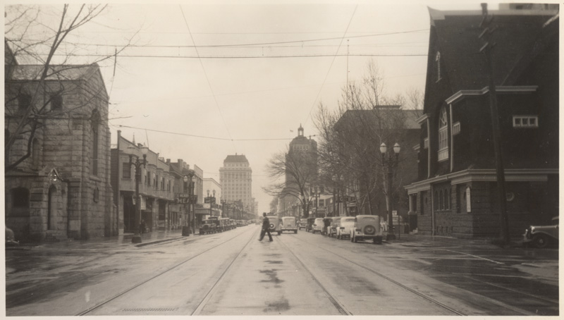 A 1938 view westward down J Street, which has long been one of Sacramento's most important boulevards. St. Paul's is at left (CA State Library).