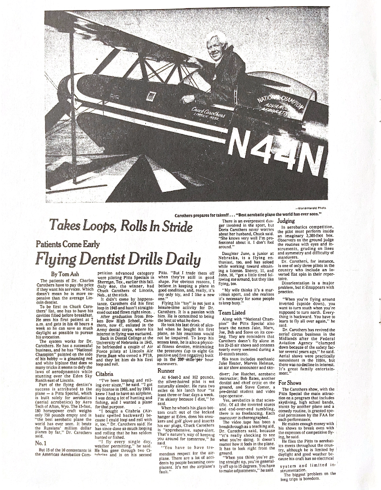 First page of a newspaper article about Dr. Charles Carothers entitled, "Flying Dentist Drills Daily," written by Tom Ash