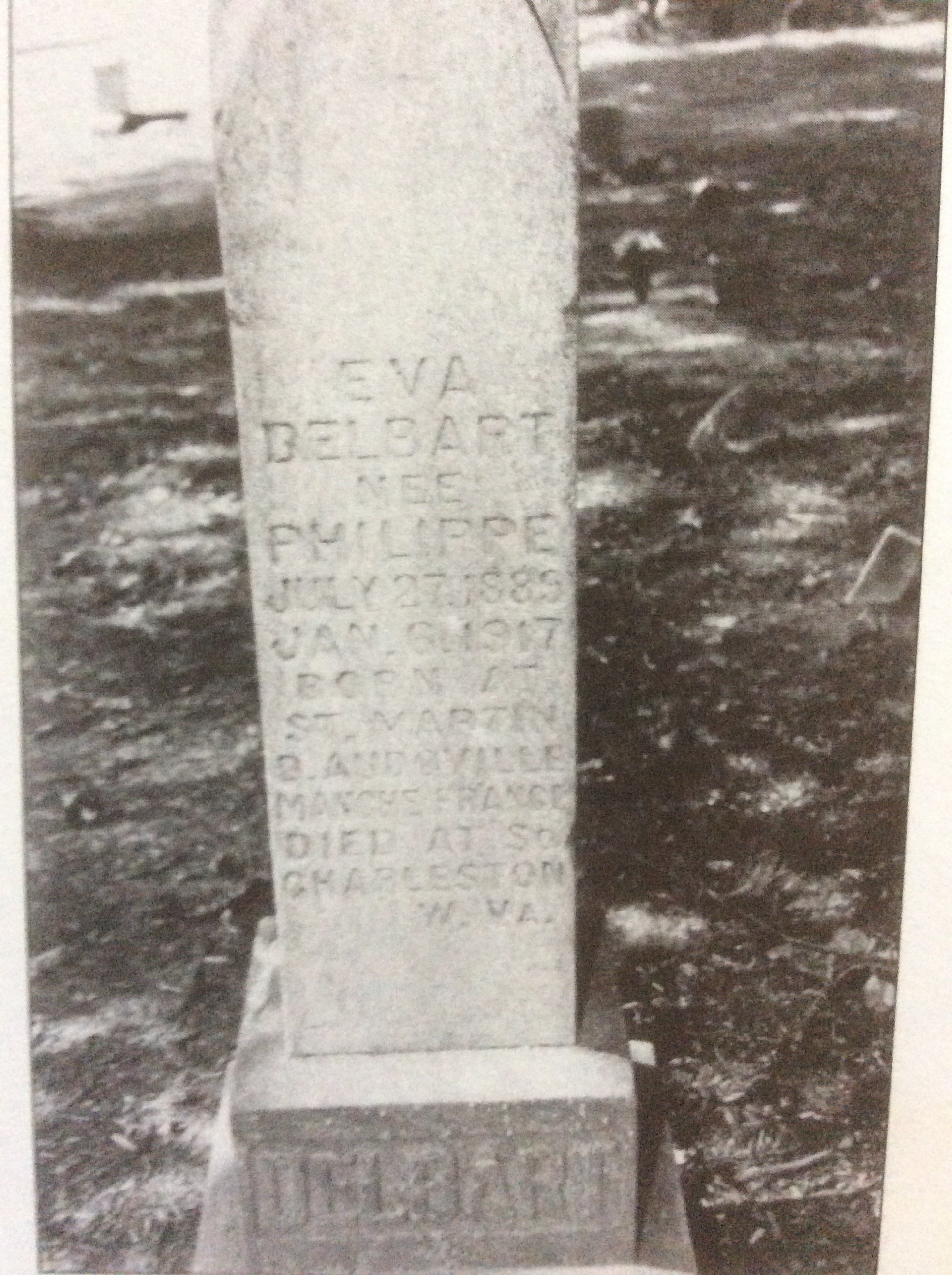 Tombstone of Eva Delbart, nee Philippe, who was born July 27, 1889, in France, and died January 6, 1917, in South Charleston.