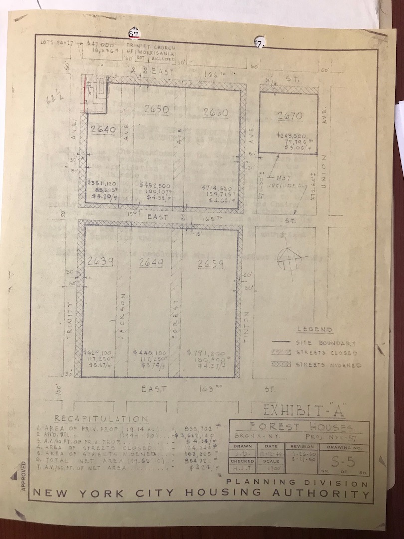 A blueprint that shows the proposed plan to widen the streets surrounding Forest Houses. In the original plans, Trinity Episcopal Church was to be demolished and moved to a different location.