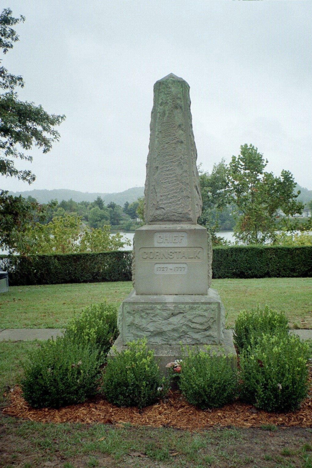 Cornstalk's gravesite at Tu Endie Wei. Cornstalk was widely respected for his leadership and bravery. Some accounts state that he walked backwards during the retreat from Point Pleasant, so that none could say he had ever run from an enemy.