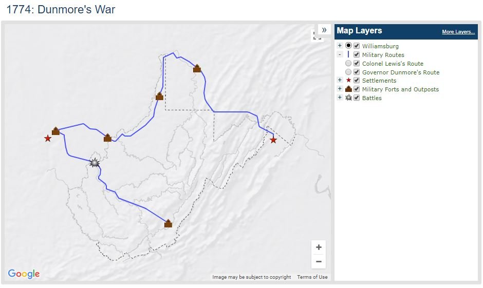 Extract from an interactive map at the online WV Encyclopedia, detailing the routes of Dunmore's troops and several frontier fortifications. The WV Encyclopedia features a number of customizable, interactive maps in their Features section.