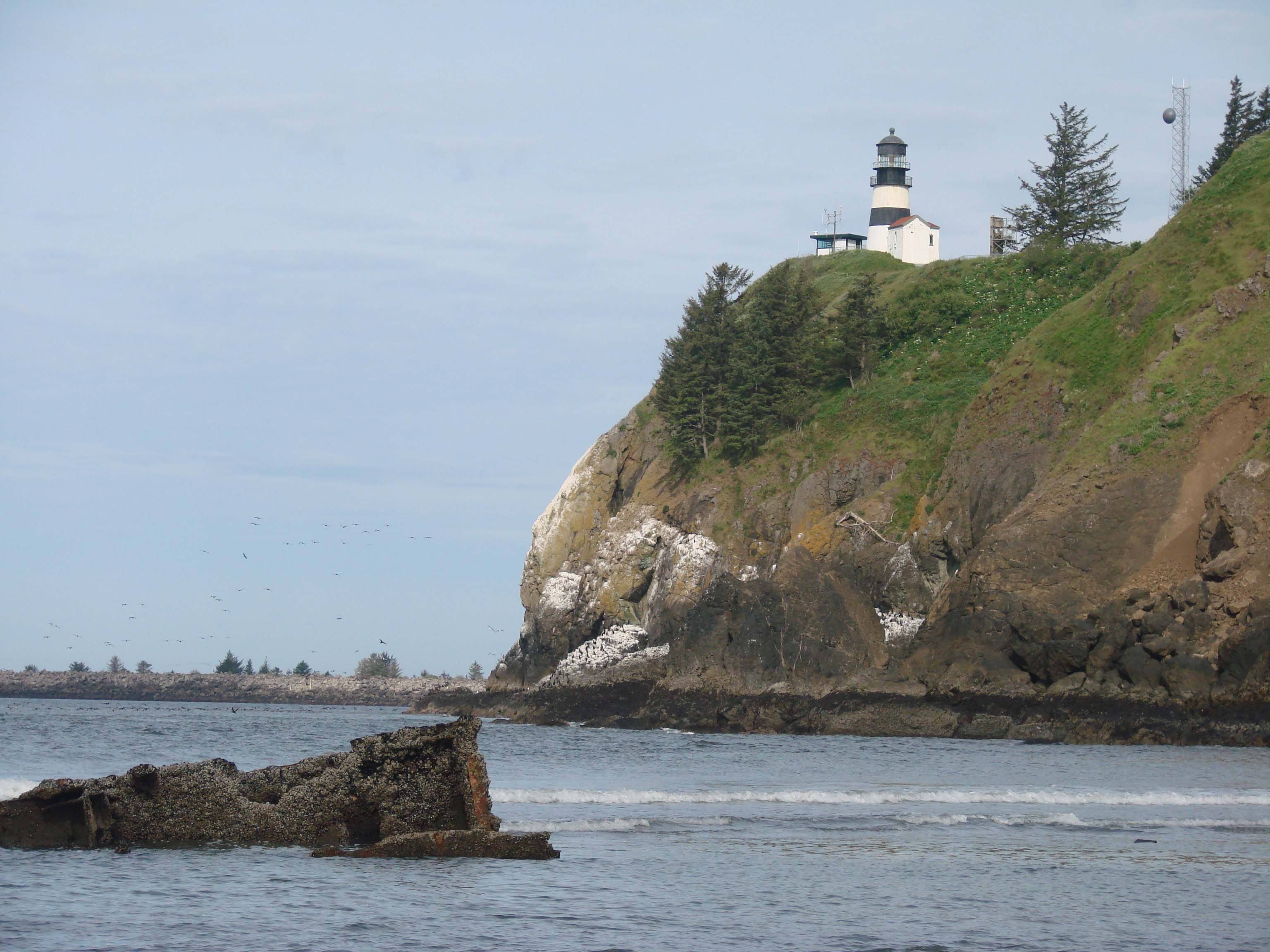 If you look south at low tide from Cape Disappointment Lighthouse, you can see the slowly shrinking remains of the lumber barge, George Olson.