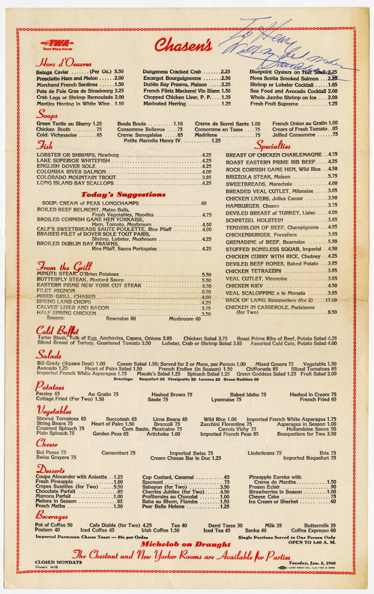 A Chasen's menu from the early 1960s. Chasen's catered Trans World Airlines, explaining the TWA logo in the top left-hand corner.
