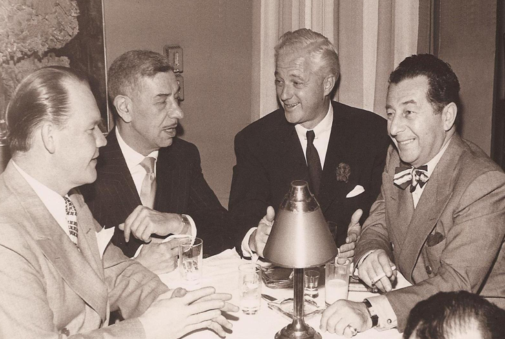 Dave Chasen, on the right, with Vincent Flaherty, a speechwriter for John F. Kennedy, Michael Romanoff, owner of Romanoff's Restaurant, and Charlie Morrison, owner of The Mocambo nightclub