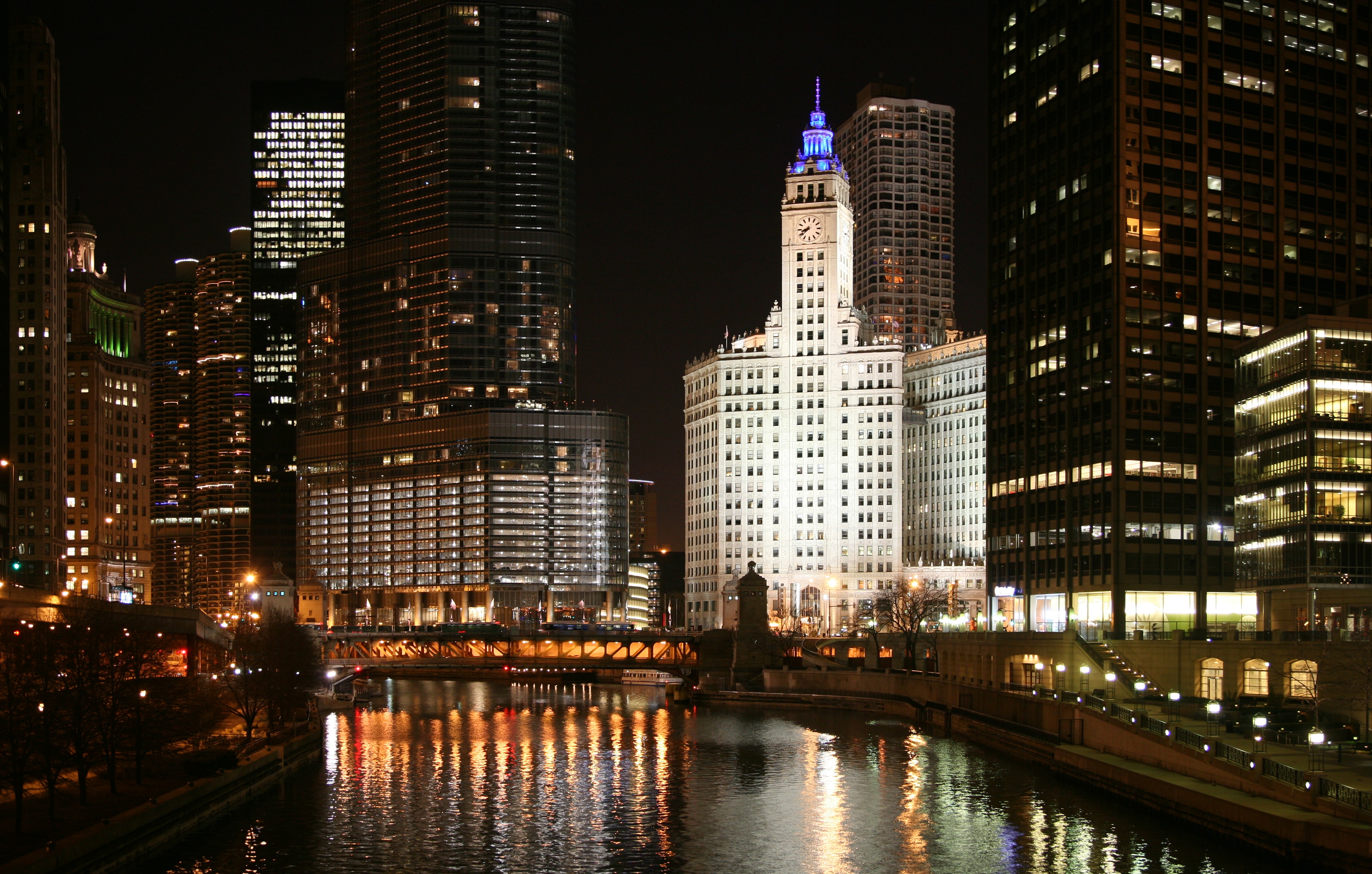 The Wrigley Building lit up at night