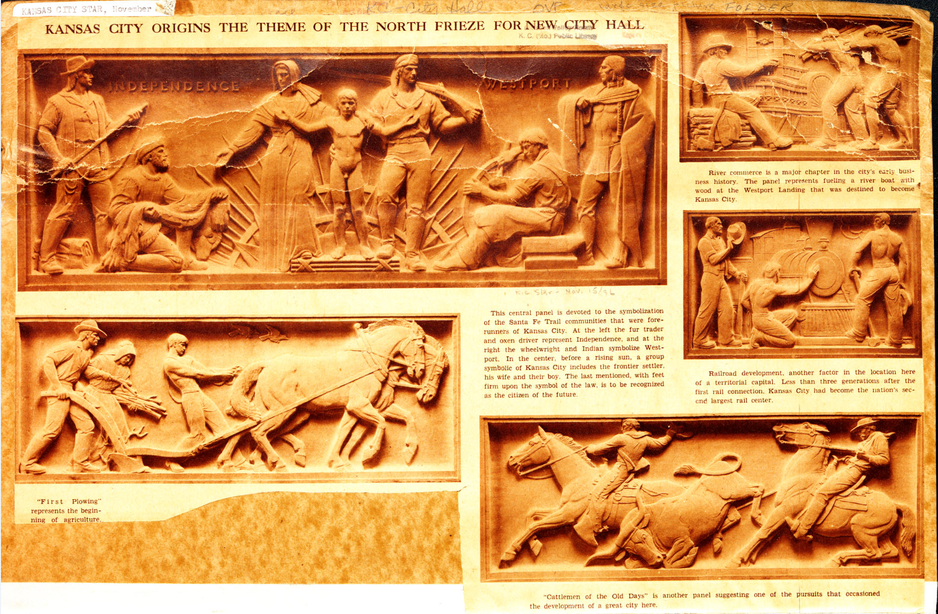 An image of the Kansas City Star article that details the friezes on the North face of City Hall.
