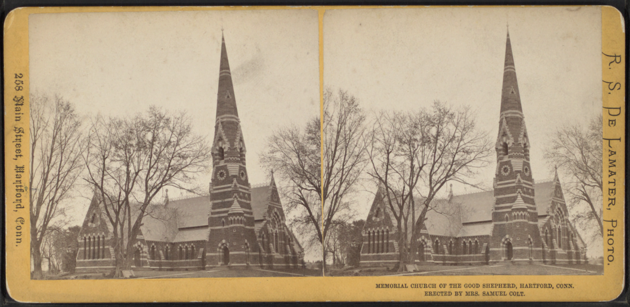 An exterior view (double exposure) of the church as it appeared when new (prior to the parish house being added).