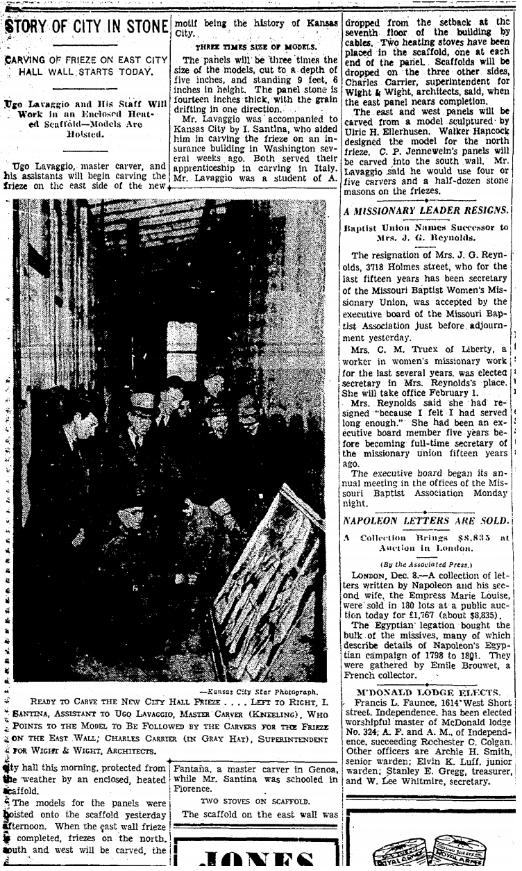 An image of the Kansas City Times article discussing the carving of the friezes on the exterior of City Hall.