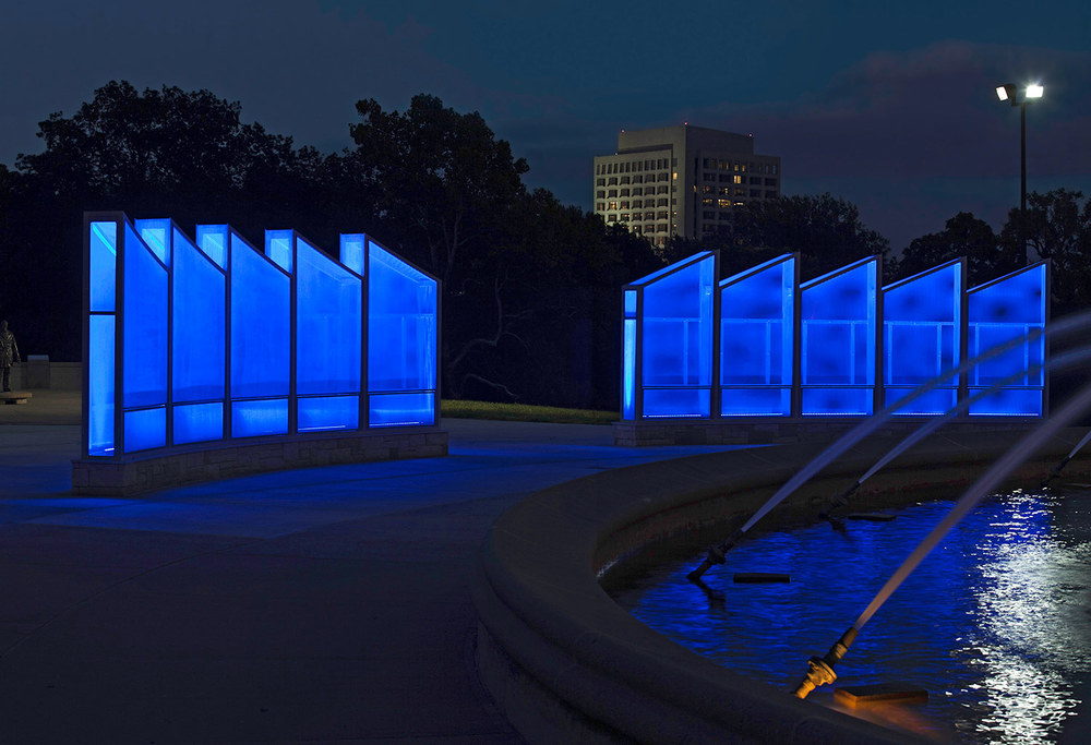 In 2015 the old memorial was supplemented by a new one, featuring illuminated walls with an updated list of fallen firefighters. Image obtained from barbaragrygutis.com.